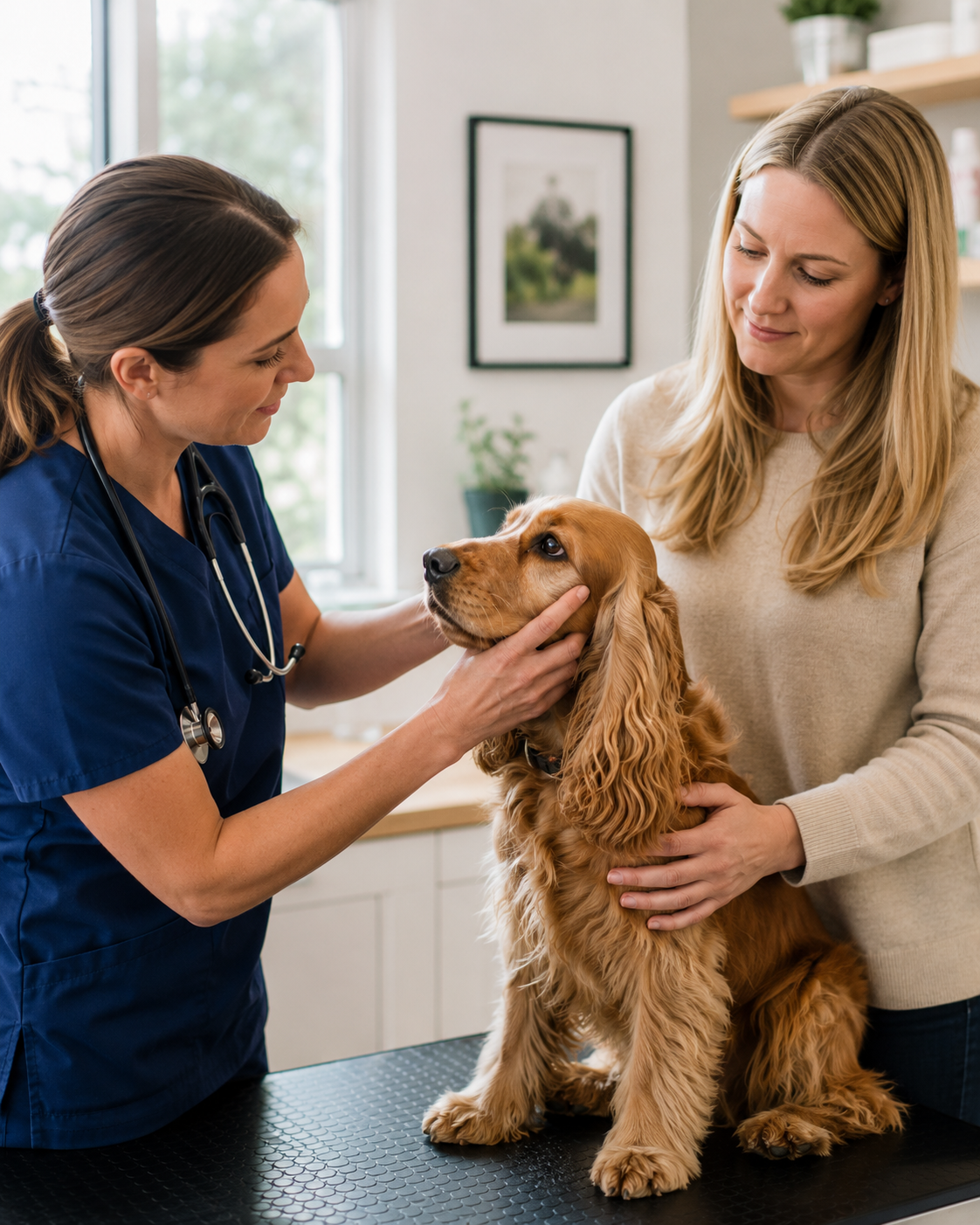 A vet examining a dog with its owner at a West Midlands veterinary practice